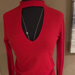 Zara brand Red Ribbed Cutout Long Sleeve Top Small